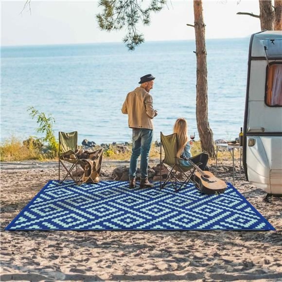 Outdoor Rug 6'x9' Waterproof Mat Plastic Camping,royal blue & blue green - Picture 3 of 6